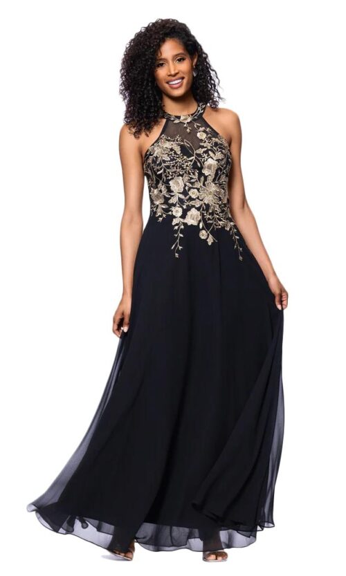 שמלת ערב קולר ארוכה שחורה רקמת זהב