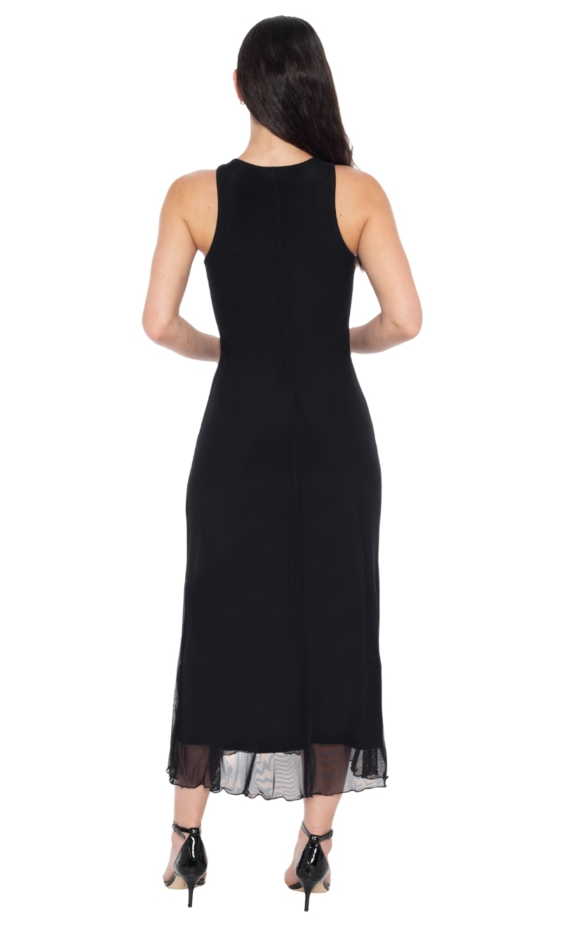 bebe-שמלת ערב שחורה מחשוף סגור בשילוב בד רשת – תמונה 2